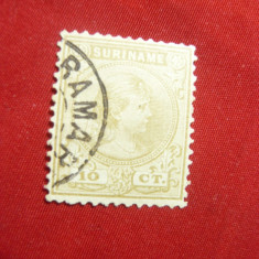 Timbru 10C oliv Suriname colonie olandeza 1892 stampilat Printesa Wihelmina