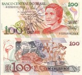 Bancnota Brazilia 100 Cruzeiros 1990 UNC, Neagra, Colectie, Numismatica