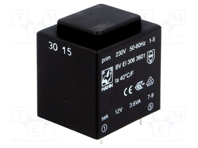 Transformator &icirc;ncapsulat 3,6VA 230VAC 12V 300mA PCB HAHN