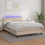 VidaXL Pat cu arcuri, cu saltea și LED cappuccino 140x190 cm piele eco