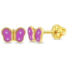 Cercei din Aur 14K pentru Copii, model Fluturas cu Email Roz si Alb, inchidere cu Filet si Protectie