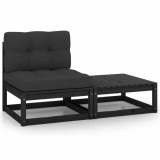 Set mobilier grădină cu perne, 2 piese, negru, lemn masiv pin, vidaXL