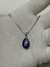 LANT + PANDANTIV AUR alb 14K - OU de Paste + Email Albastru - Model Faberge - Grecia !