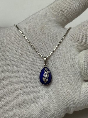 LANT + PANDANTIV AUR alb 14K - OU de Paste + Email Albastru - Model Faberge - Grecia ! foto