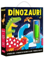 Joc educativ - 3 puzzle-uri + 3 pagini de colorat cu apă + pensula magică - Dinozauri