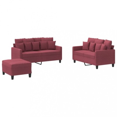 Set canapea cu perne, 3 piese, rosu vin, material textil foto