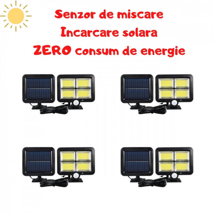 Set 4 x Proiector Solar 120 LED cu senzor de miscare 3 moduri de iluminare