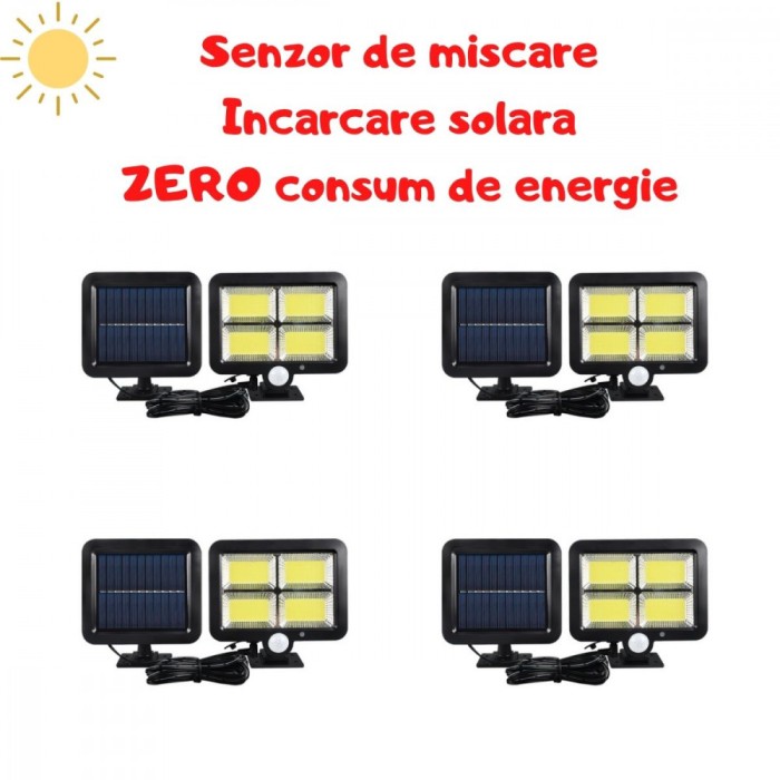 Set 4 x Proiector Solar 120 LED cu senzor de miscare 3 moduri de iluminare