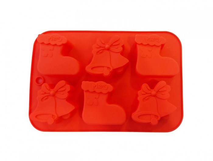 Forma silicon 6 cavitati, Tema Sarbatori de iarna, Pentru prajituri sau Briose, Rosu, 26 cm, 238COF