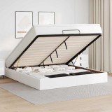 Cadru Pat Otoman vidaXL 160x200 Piele Artificiala Alb + Saltea Arcuri Impachetate + Topper Spuma, Depozitare