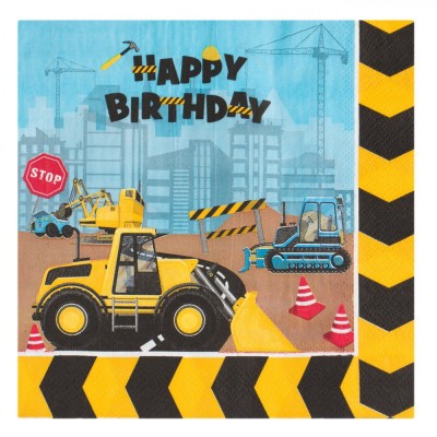 șervețele Masă Petrecere, Model Vehicule șantier, Multicolor, 33x33 cm, Set 20 Bucăți, 2 Straturi, Mesaj Happy Birthday foto