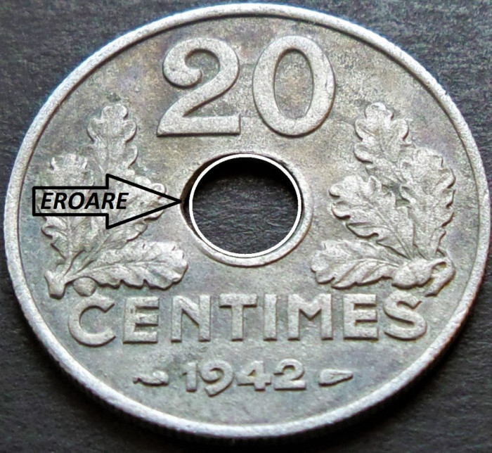 Moneda istorica 20 CENTIMES - FRANTA, anul 1942 *cod 4173 EROARE CERC= EXCELENTA