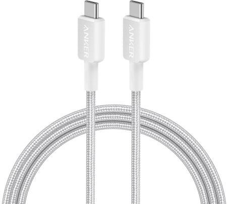 Cablu alimentare si date Anker, USB Type-C (T) la USB Type-C (T), 0.9m rata transfer 480 Mbps, 60W, invelis nylon, braided, alb, &quot;A81F5G21&quot; (timbru ve