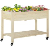 Outsunny Pat Grădină Legume &Icirc;nălțat Lemn cu Roți, Jardiniera &Icirc;nălțată cu Raft Inferior, 118x55x83cm, Natural | Aosom Romania