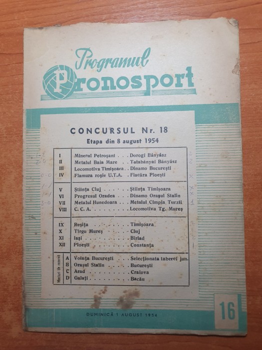 programul pronosport 1 august 1954-buletinul saptamanii la fotbal