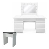 Masa de toaleta/machiaj, Vanessa + taburet, alb, cu oglinda si LED-uri, 130x43x143 cm