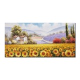 Tablou peisaj cu floarea soarelui si lavanda pictat manual, Colt de rai, 120x60cm ulei pe panza, Fabulos