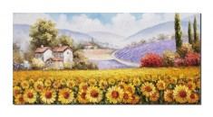 Tablou peisaj cu floarea soarelui si lavanda pictat manual, Colt de rai, 120x60cm ulei pe panza, Fabulos