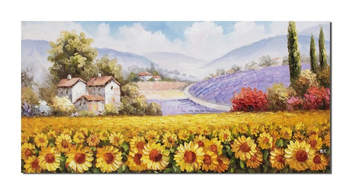 Tablou peisaj cu floarea soarelui si lavanda pictat manual, Colt de rai, 120x60cm ulei pe panza, Fabulos