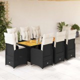 Set bistro de grădină, 9 piese, cu perne, negru, poliratan
