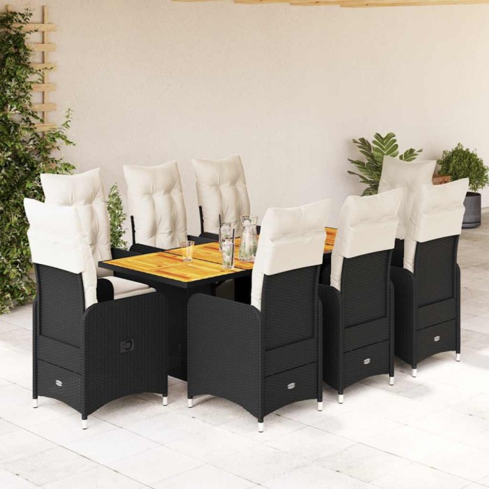 Gossi set bistro de gradina, 9 piese, cu perne, negru, poliratan