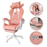 Scaun de gaming roz, pentru fetite, cu perna lombara si suport picioare, 64x116-123 cm, KIDS ZONE KO27R