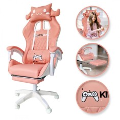 Scaun de gaming roz, pentru fetite, cu perna lombara si suport picioare, 64x116-123 cm, KIDS ZONE KO27R