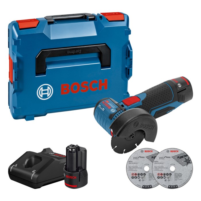 Bosch GWS 12V-76 Polizor unghiular brushless + 2xAcumulatori GBA Li-Ion, 3Ah + Incarcator GAL 12V-40 + L-Boxx + 3 x Discuri ProAdvanced PowerfulTools