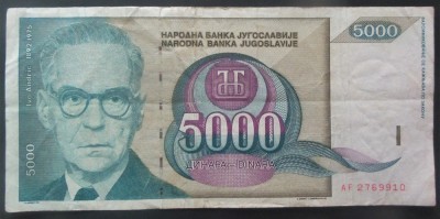 Bancnota 5000 DINARI / DINARA - YUGOSLAVIA, anul 1992 *cod 909 foto
