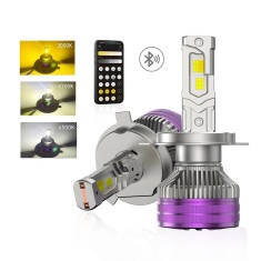 Set 2 Becuri Auto H4 LED CSP 160W 3000K 4300K 6500K Galben-Alb Reglabil Din Aplicatie, 16000LM Canbus, Fara Eroare de Bec Ars, cu Ventilator pentru Ra