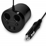 Adaptor auto cu 2 prize si 2 porturi USB Navaris, 12V, 24V, Afisaj LED, Negru, 49581.01