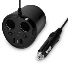 Adaptor auto cu 2 prize si 2 porturi USB Navaris, 12V, 24V, Afisaj LED, Negru, 49581.01