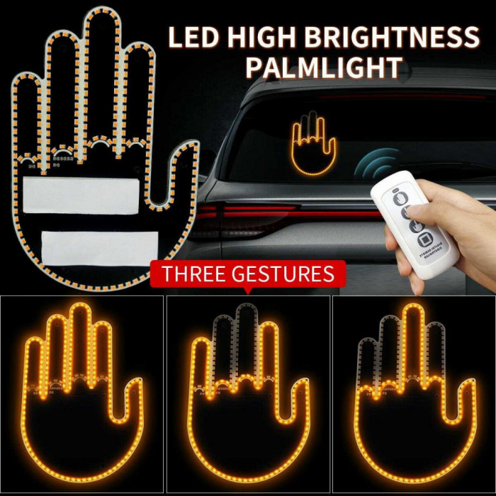 Semn LED Auto cu Telecomanda Design Mana, 3 Moduri Salut, Deget Mijlociu, Si te iubesc, Efect Vizual Stralucitor
