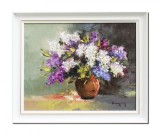 Cumpara ieftin Tablou vaza cu liliac pictat manual inramat, 60x50cm ulei pe panza, rama din lemn, Geo Ungureanu