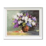 Tablou vaza cu liliac pictat manual inramat, 60x50cm ulei pe panza, rama din lemn, Geo Ungureanu