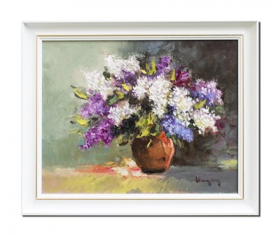 Tablou vaza cu liliac pictat manual inramat, 60x50cm ulei pe panza, rama din lemn, Geo Ungureanu foto