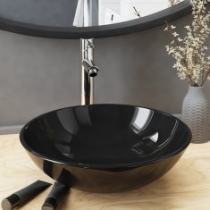 vidaXL Chiuvetă baie robinet și scurgere tip push, negru sticlă călită