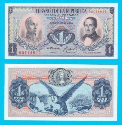 Columbia (p#404) 1 Peso Oro 1973 UNC &amp;#039;Condor&amp;#039; serie: 00718916 foto