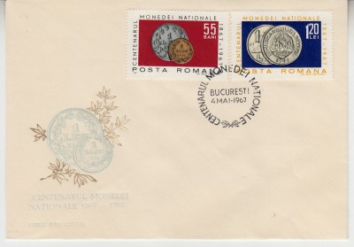 C12 - FDC Romania - Centenarul monedei nationale - LP646 - 1967 foto