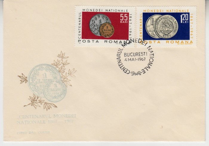 C12 - FDC Romania - Centenarul monedei nationale - LP646 - 1967