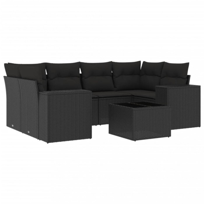 Set canapele de gradina cu perne, 7 piese, negru, poliratan