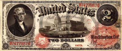 2 dolari 1875 Reproducere Bancnota USD , Dimensiune reala 1:1 foto
