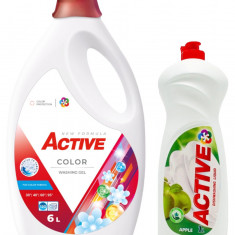 Detergent lichid pentru rufe colorate Active, 6 litri, 120 spalari + Detergent de vase lichid Active, 1 litru, mar