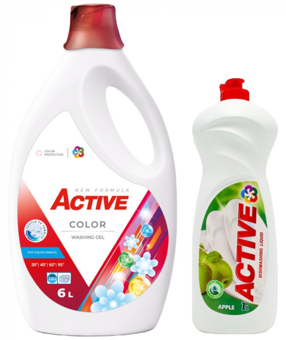 Detergent lichid pentru rufe colorate Active, 6 litri, 120 spalari + Detergent de vase lichid Active, 1 litru, mar