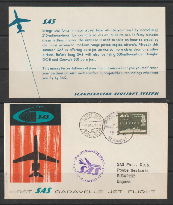 Plic Circulat Suedia 1972 ,Posta Aeriana Primul Zbor SAS , Stockholm - Budapesta