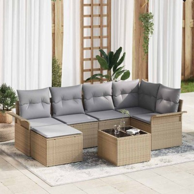 vidaXL Set de canapele pentru grădină cu pernă 7 pcs Bej Rattan poli foto