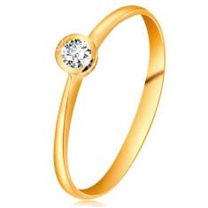 Inel din aur galben 14K - diamant transparent în montură lucioasă, brațe înguste - Marime inel: 56