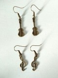Cercei Bronz Muzica Chitara Cheia Sol - Set 2 Perechi, Cadou Muzicieni, Lungime 4.5cm