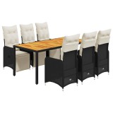 Cumpara ieftin Set bistro de gradina, 7 piese, cu perne, negru, poliratan