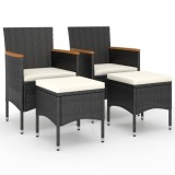 Set cu scaun de gradina si taburet, 4 piese, negru, poliratan